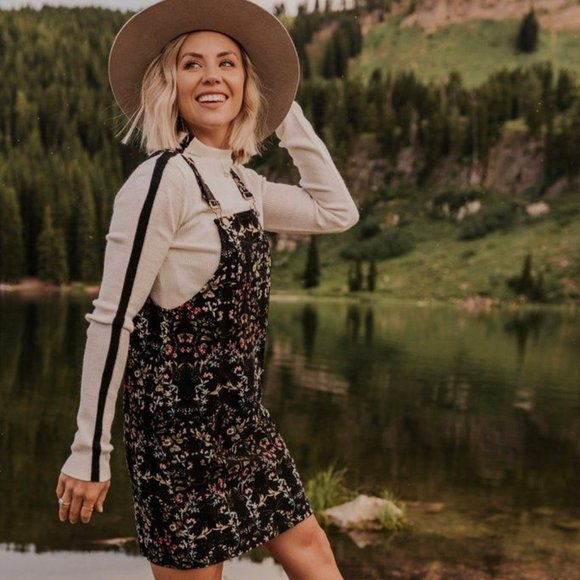 Roolee Dresses & Skirts - Corduroy Floral Overall Dress in Black